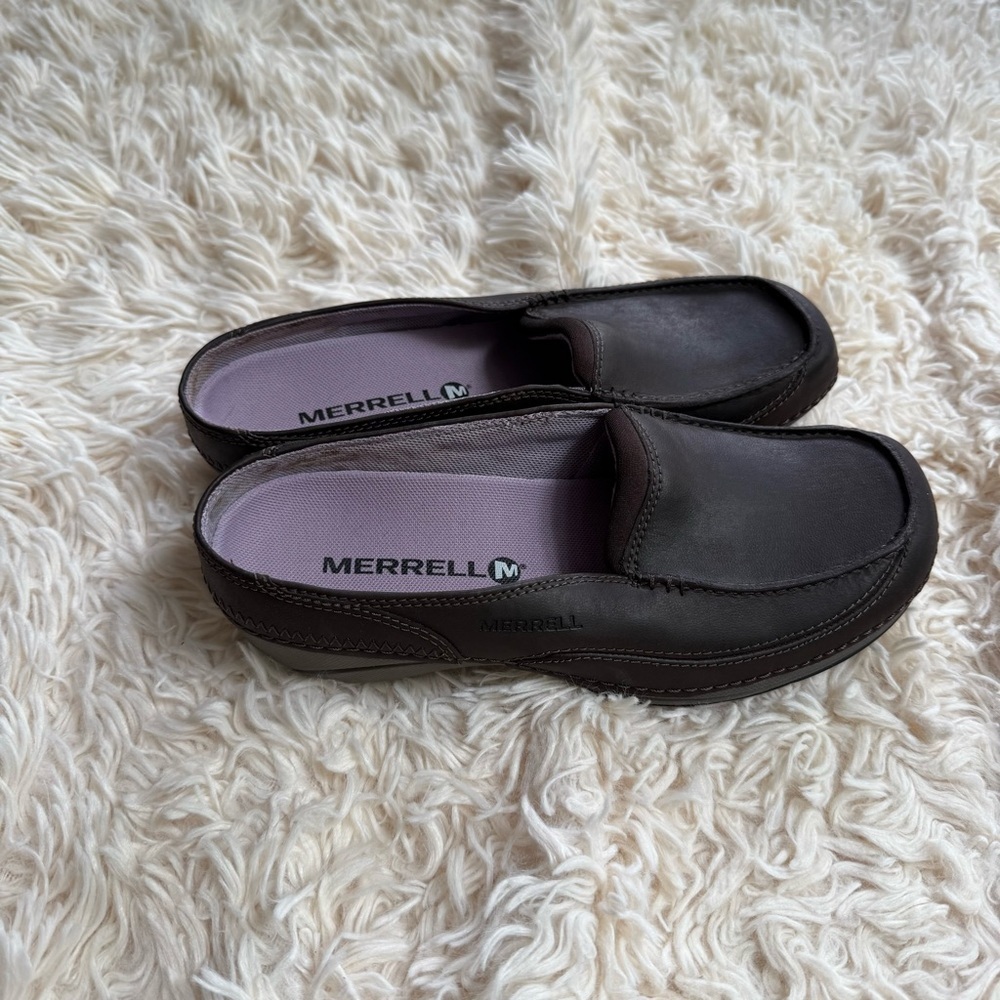 Merrell Espresso Brown Leather Slip-On Comfort Mules Women’s 5.5 square toe